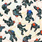 surreal illustration of spacemen connected by lines