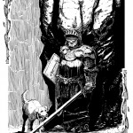 black & white pen drawing of a knight and a dog