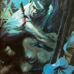 man wth a knife in his shoulder and naked woman