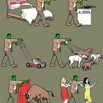 humorous illustration series depicting an average day in the life of the frankenstein monster