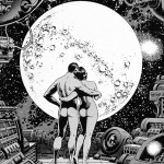 black & white illustration by wally wood of naked couple embracing on deck of space ship in front of moon