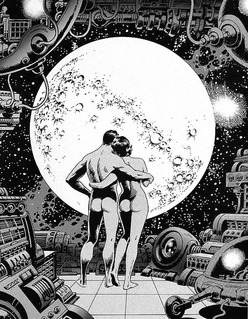 black & white illustration by wally wood of naked couple embracing on deck of space ship in front of moon