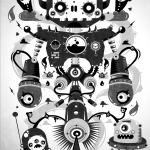 black and white symmetrical poster of robots