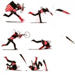 illustration of captain america performing a tactical move involving throwing his shield and a gun. like a boss.