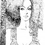 black & white ink drawing of a woman with curly hair