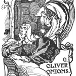 Ex-libris by Mr. A. G. Jones - pen and ink illustration of an angel over the shoulder of a thinking scribe.