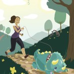 Vector illustration of a pony-tailed woman in a tank-top running down a park path behind her leashed baby triceratops.