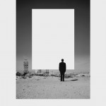 poster showing man looking at city from wasteland with white rectangle