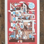 complex comic poster showing various rooms of an office
