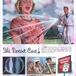 vintage ad featuring man in labcoat showering woman with water hose