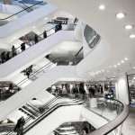 bank of escalators at mall