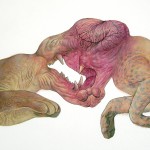 surreal illustration of leaping beasts colliding