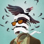 surreal illustration of bodliess man with bird flying out of head