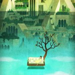girl loundging on couch floating above pond