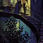 trenchcoated man and woman stand before door near stairs