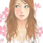 Painted manga portrait of red-headed girl with long wavy hair and a flower pattern behind her.