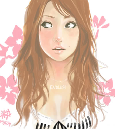 Painted manga portrait of red-headed girl with long wavy hair and a flower pattern behind her.