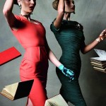 models walking with books on their heads and falling around them