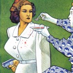 woman holding gun being fed red liquid