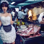 model and chef in kitchen