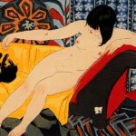 Japanese print of nude playing with cat