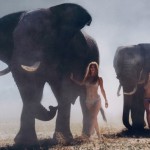 models walk with elephants
