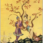 man with lute and woman sitting on tree