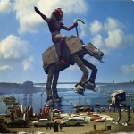 alien riding an at-at on a lakeside