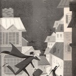 men running down street towards sea