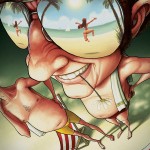 reflection of woman on beach in man's sunglasses