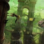 concept art from gravity daze showing character on side of wall