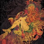 complex collage of featuring seated woman by luis toledo