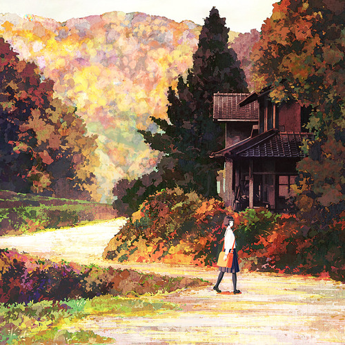 schoolgirl walking on road near house in autumn
