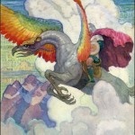 man riding atop rainbow-winged creature soaring over clouds and mountains, by n.c. wyeth