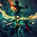 knight fending off adversaries as shadowy figure with glowing trident looms over him