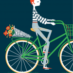 woman in beret riding green bicycle with bouquet of flowers