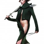 naty chabanenko in green dress wielding sword