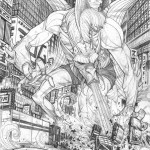 fin fang foom destroying a city street by Tradd Moore