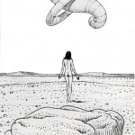nude woman standing before floating object by moebius