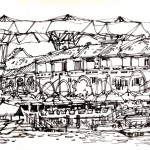 Pen and ink drawing of Clarke Quay
