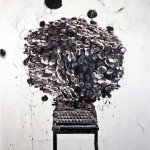 Abstract painting of chaotic shapes and splatters of paint emerging from an old mechanical typewriter