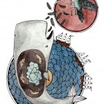 watercolour surreal illustration of whale and bird