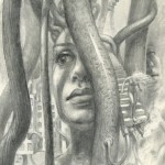 surreal pencil drawing featuring women, buildings, wires, staircase