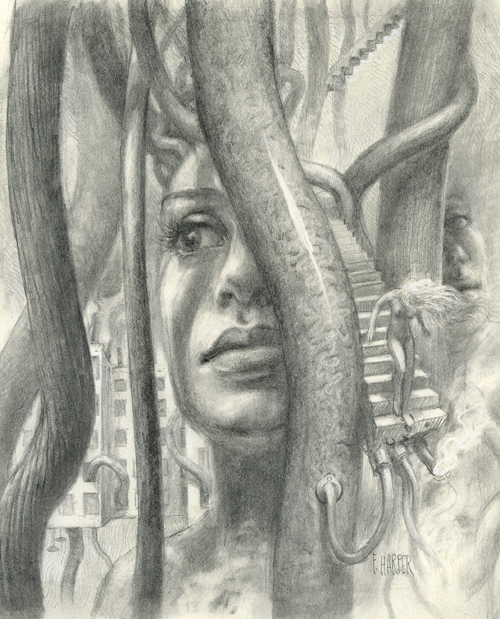surreal pencil drawing featuring women, buildings, wires, staircase