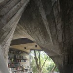 study with books overlooking trees, as seen through raw concrete fanned columns
