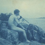 Cyanotype photographh of a nude man playing pipe by Frances Benjamin Johnston