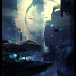 futuristic scifi cityscape and landing pad by daryl mandryk