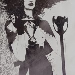 black and white topless woman with gloves corset and shovel