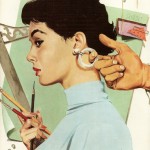 woman with short black hair holding art supplied, earring being pulled by man's hand