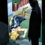corpse of blonde woman sprawled on floor in pool of blood as man looks on from doorway
